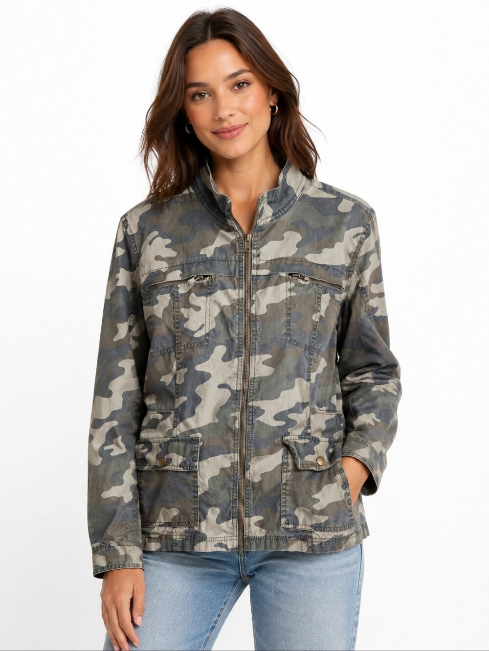 Caslon Camo Utility Jacket Military Cargo Zip Front Women’s XL